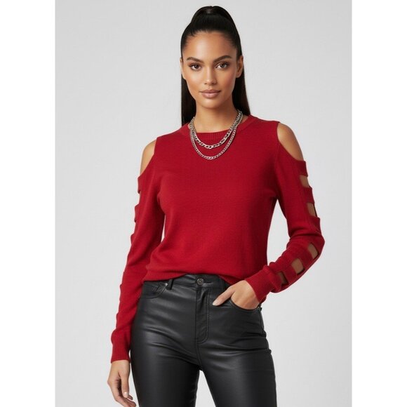 Vtg 90s Y2K F21 Red Angora Cold Shoulder Caged Ladder Sweater | Grunge Baddie S - Picture 1 of 16